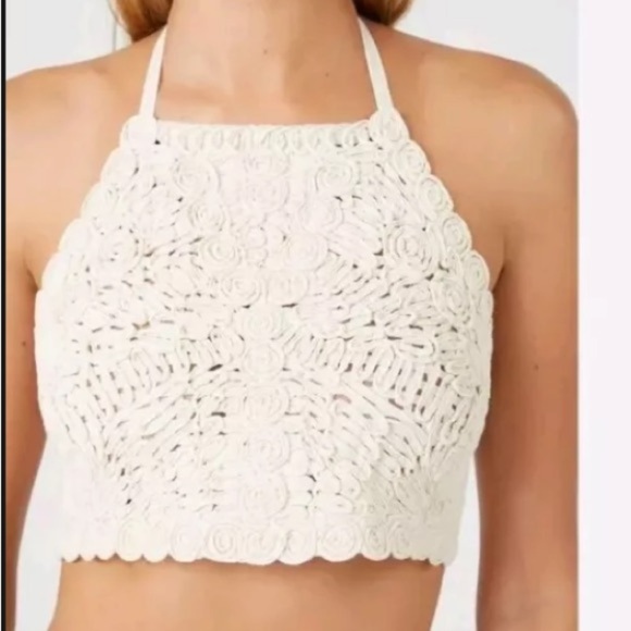 Zara rosette crochet halter crop top Sz L NEW Cream Macrame 100% Cotton - Picture 2 of 4